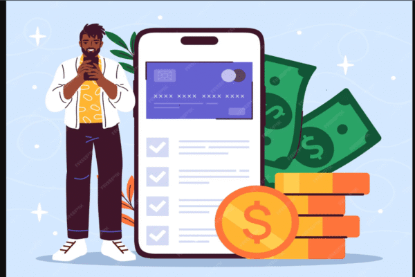 Illustration of a man using a smartphone, with a large phone screen showing payment details, stacks of coins, and dollar bills in the background, symbolizing online banking or how to create a budget app for managing finances.
