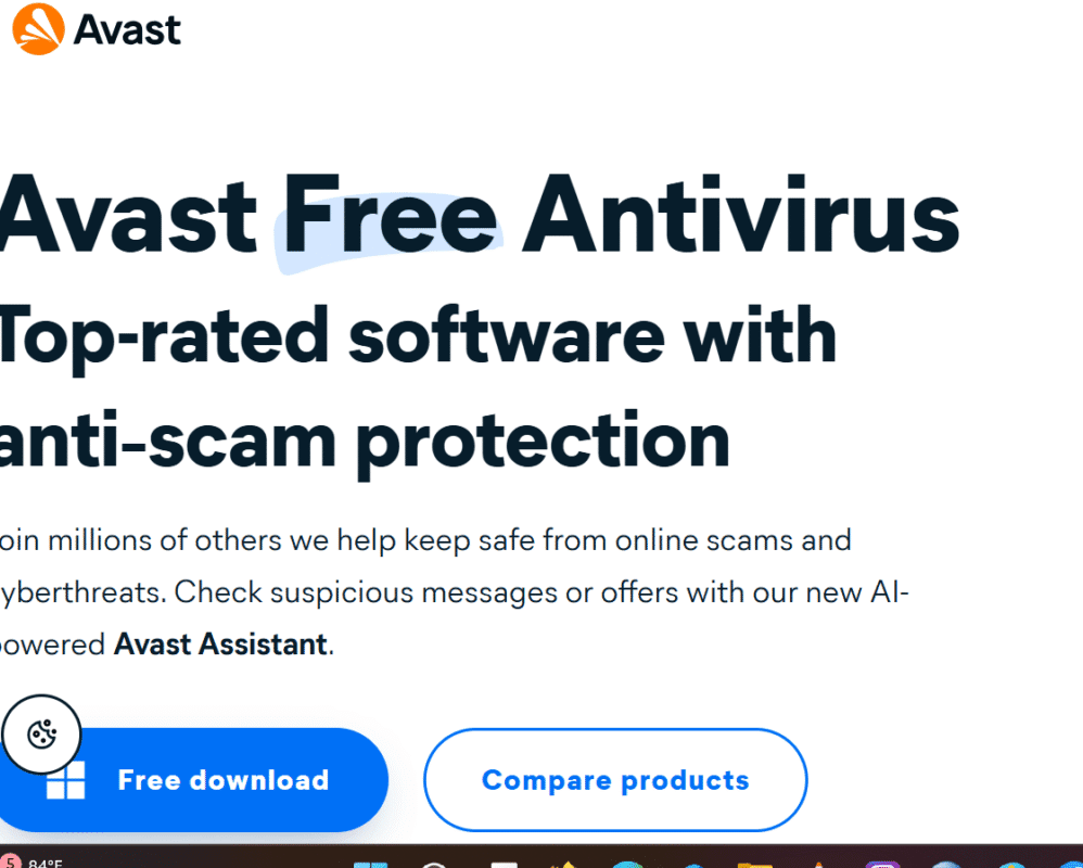 Screenshot of the Avast website highlighting Avast Free Antivirus, a top-rated antivirus 2025 solution with anti-scam protection, alongside Free download and Compare products buttons—an option among Bitdefender competitors.