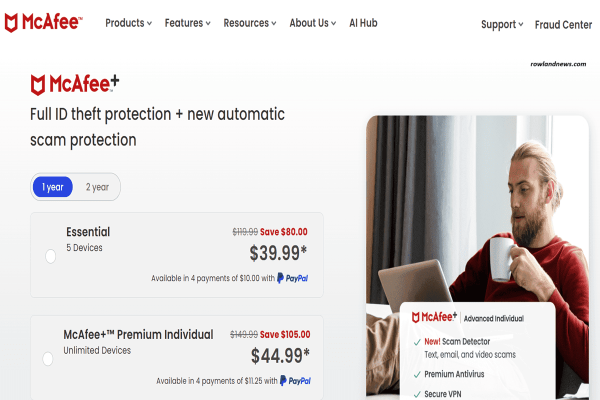 Screenshot of the McAfee+ website showing plans for ID theft and scam protection. A man sits on a couch with a laptop and mug. Plan prices and features are listed, highlighting McAfee+ as one of the top Bitdefender competitors for 2025.