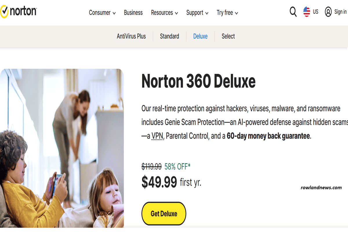 A Norton 360 Deluxe ad shows a mom with two kids at home. The offer highlights $49.99 for the first year (58% off), VPN, parental control, and a 60-day money-back guarantee—ideal for those seeking Bitdefender alternatives. “Get Deluxe” button below.