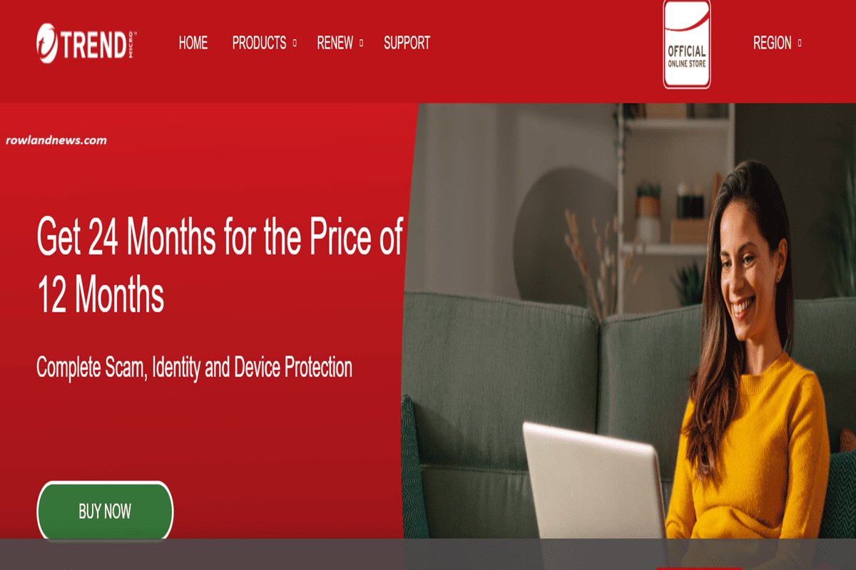 A woman smiles while using a laptop on a couch. The website banner promotes “24 Months for the Price of 12 Months” on antivirus software and device protection, with a green “Buy Now” button, ideal for those seeking Bitdefender alternatives.
