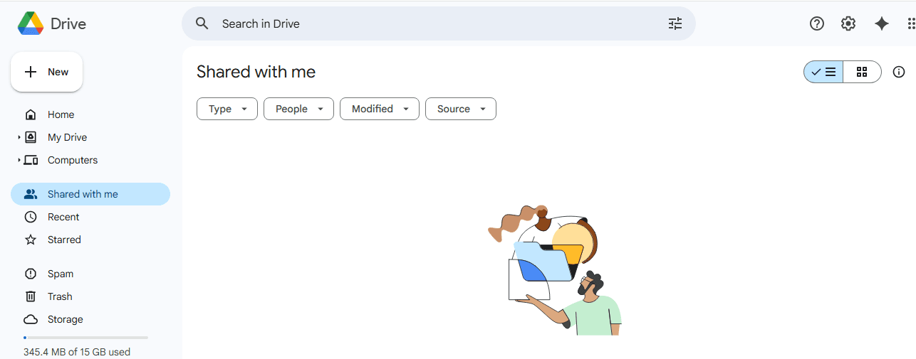 Screenshot of the Google Drive Shared with me section. Filters for Type, People, Modified, and Source are shown, but no shared files are visible—ideal for guides on how to recover a file deleted from a shared drive. Illustration: two people with a folder.